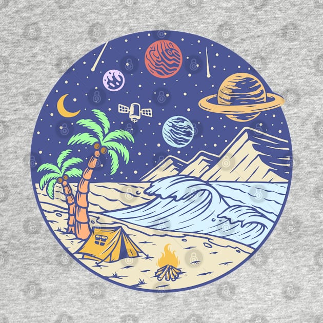 Camping under the moon and Planets - hand drawn by Ravensdesign